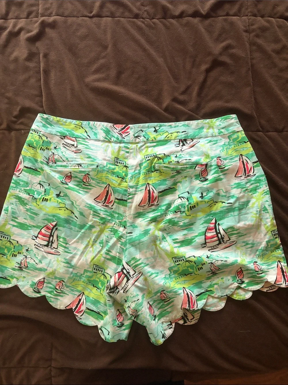 crown & ivy Sailboat Print Scallop Hem Shorts - Aqua, Pink & Green